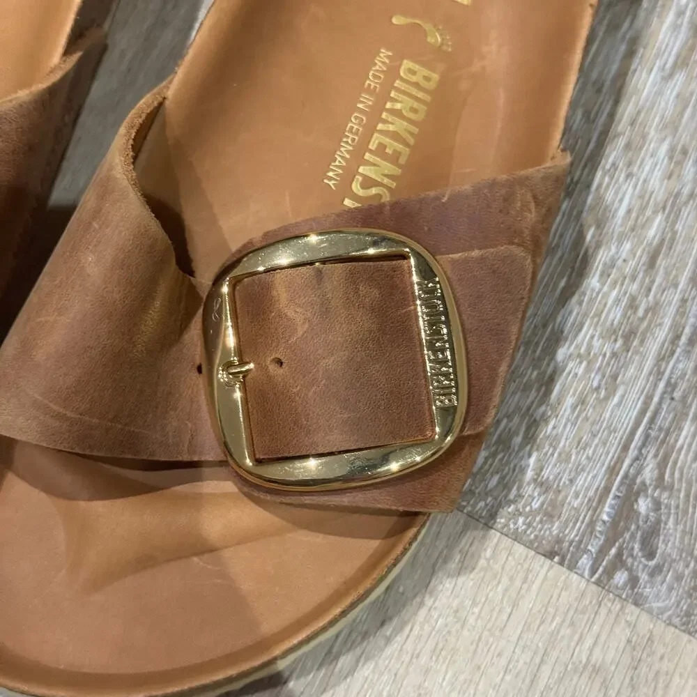 Birkenstock Madrid Big Buckle Oiled Leather Sandals Cognac Gold EU 41 US 10-10.5